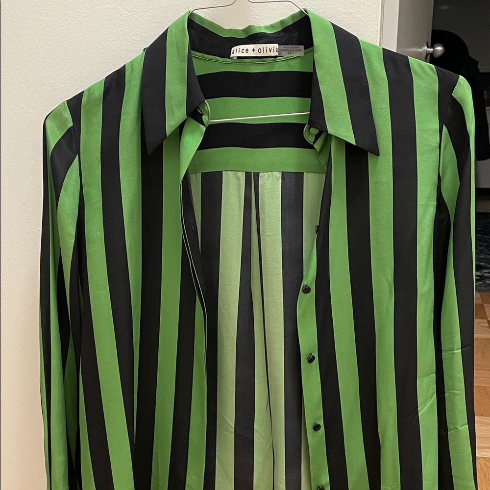 Alice + Olivia Black and Green Vertical Stripe Shirt